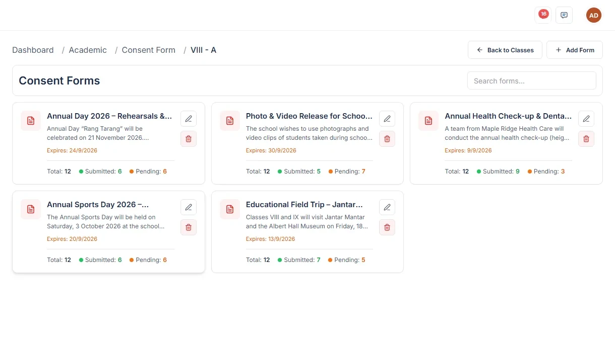 Kaympus Consent Forms screen: five forms out to one class — annual day, media release, health check-up, sports day and a field trip — each showing how many parents have signed and how many are still pending.